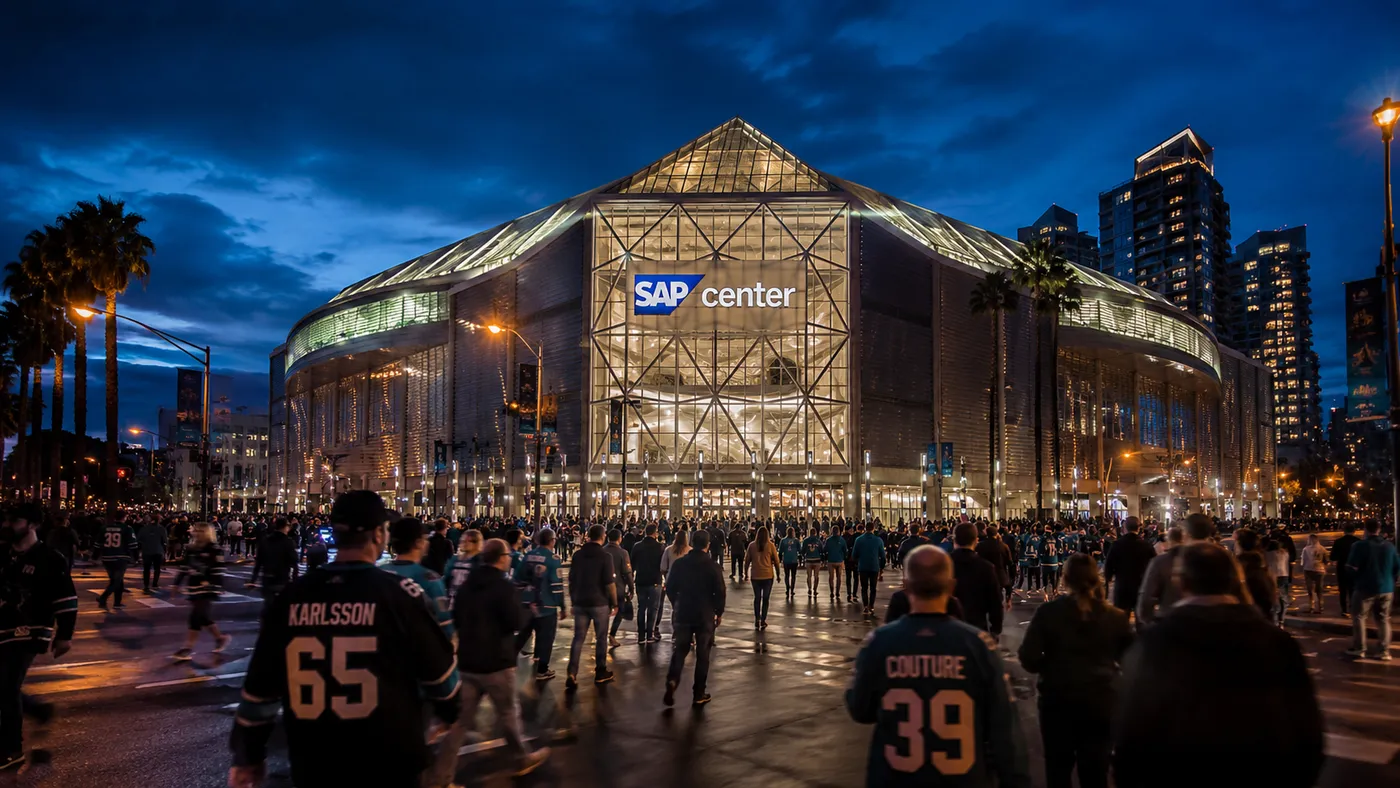 Editorial visualization — crowd streaming toward a lit downtown arena on an event night