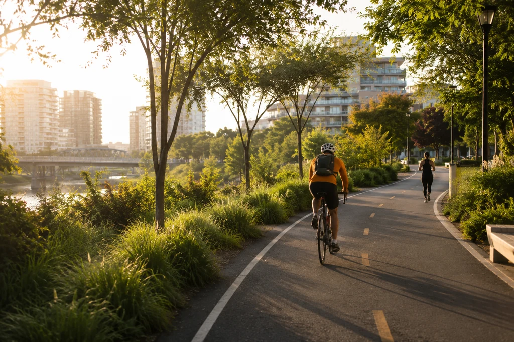 Cyclist and runner using a green downtown river trail in warm morning light.