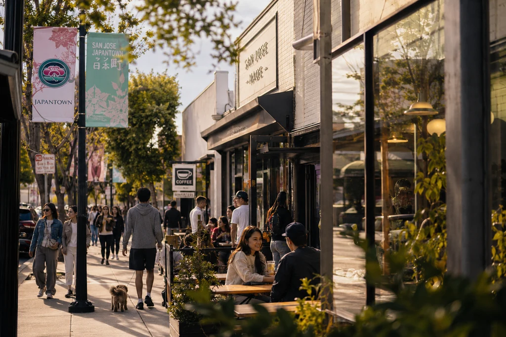 Pedestrians, café tables, neighborhood banners, and storefront life along San Jose Japantown.