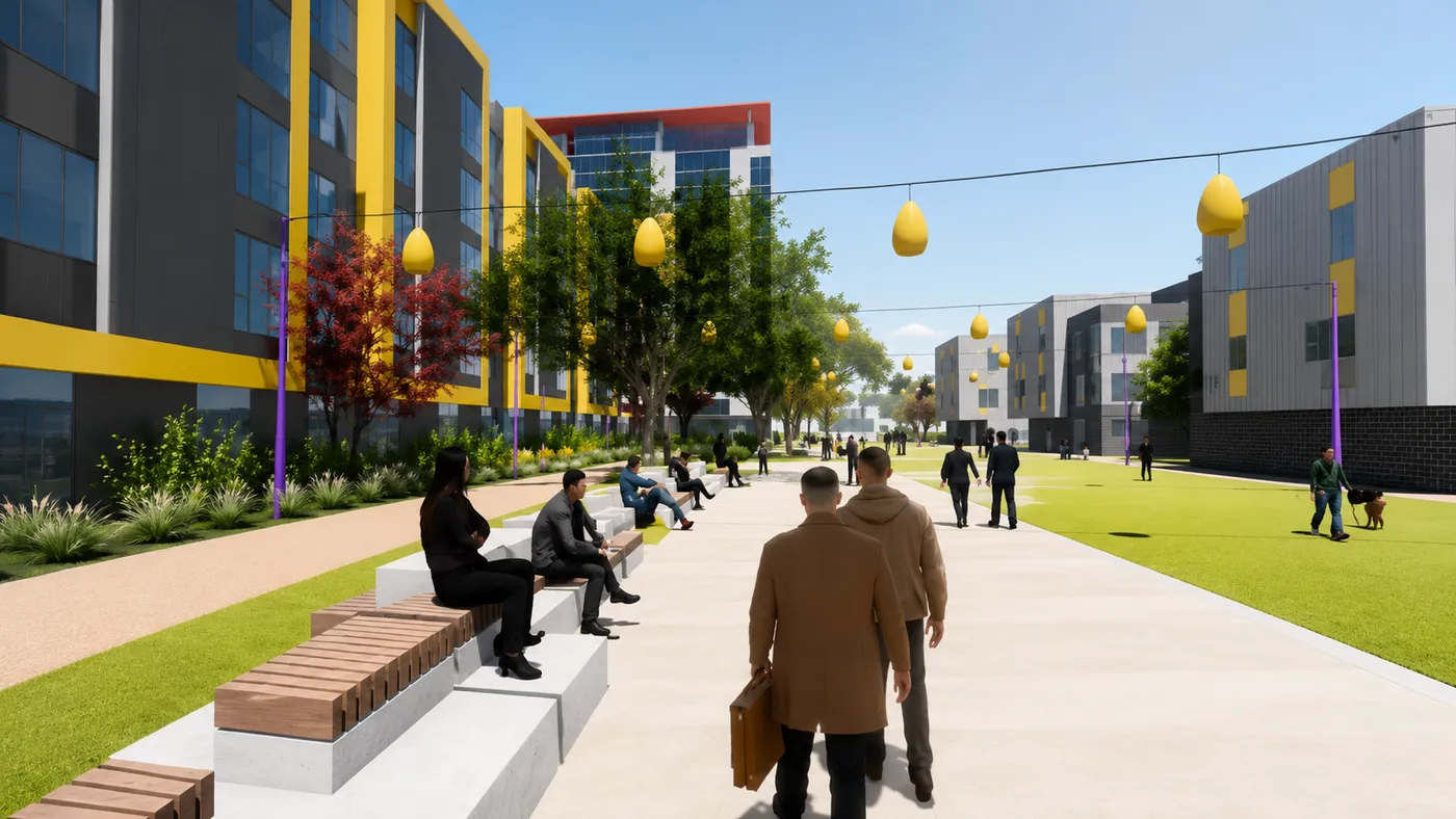 Concept visualization of terraced seating and lawns along a lantern-lit promenade