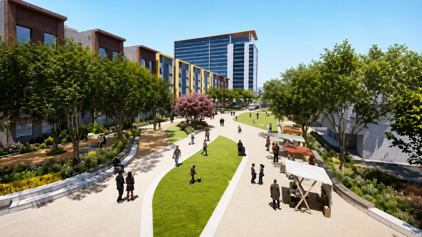 Concept visualization of a long green lawn and walking paths between townhomes and downtown towers
