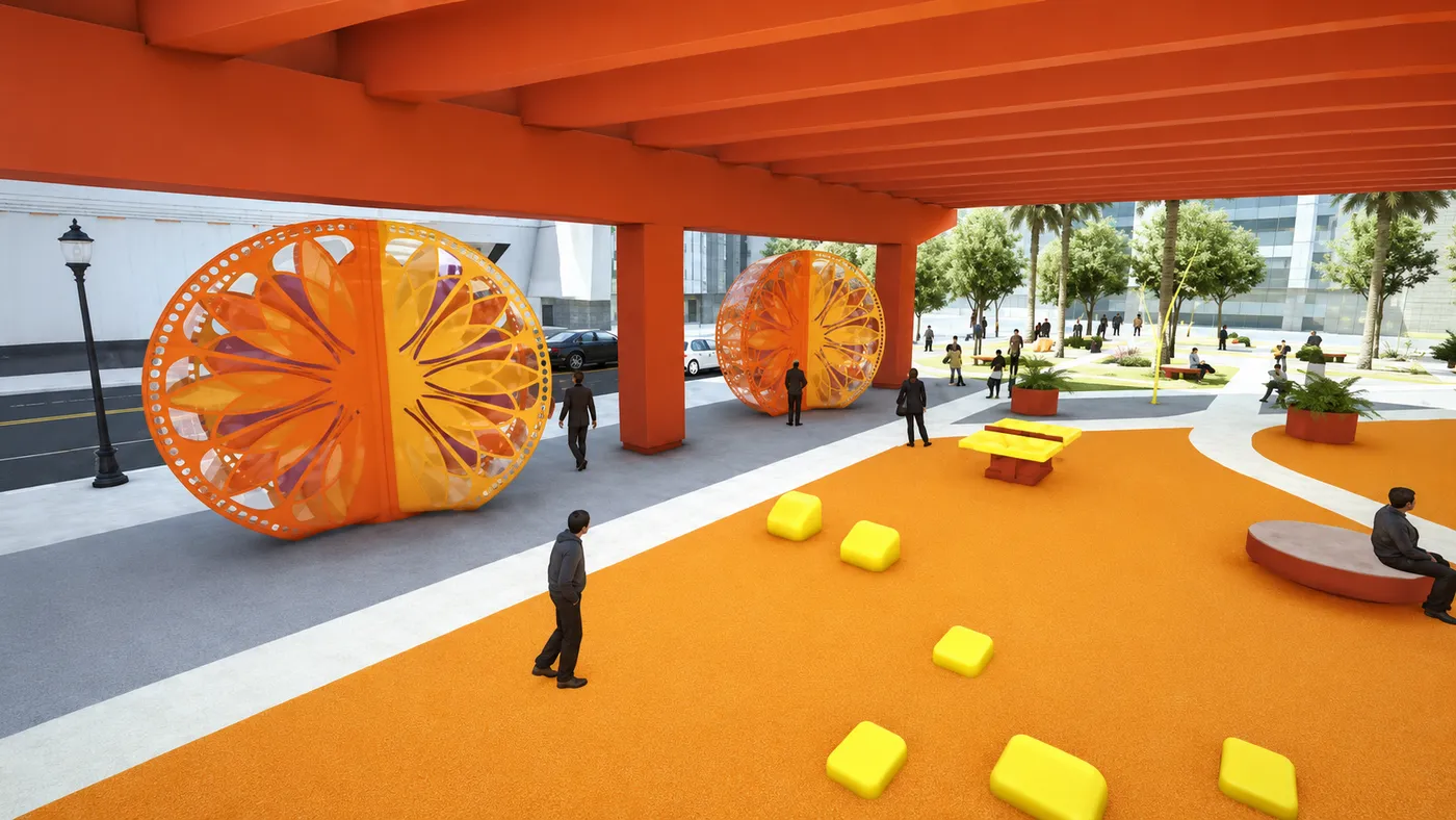 Concept visualization of a play plaza with sculptural orange forms and scattered seating