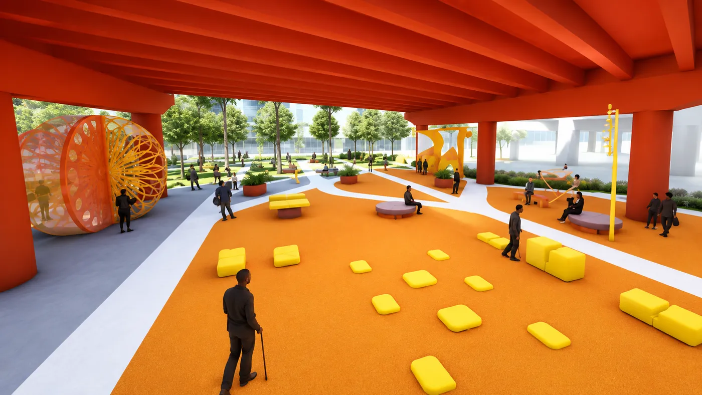 Concept visualization of a bold orange covered plaza opening onto a tree-filled park