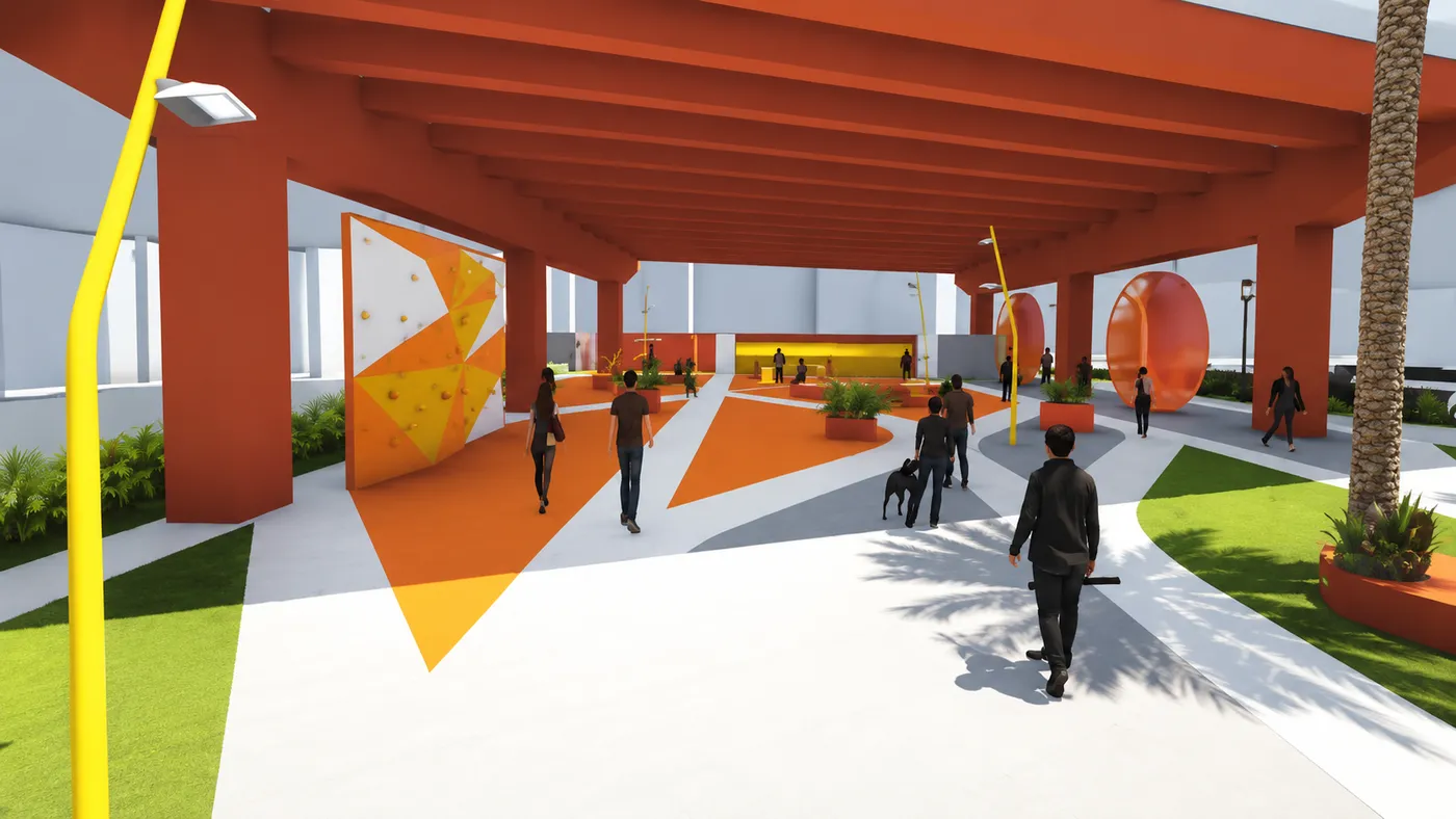 Concept visualization of an active covered plaza with bold orange and yellow geometry