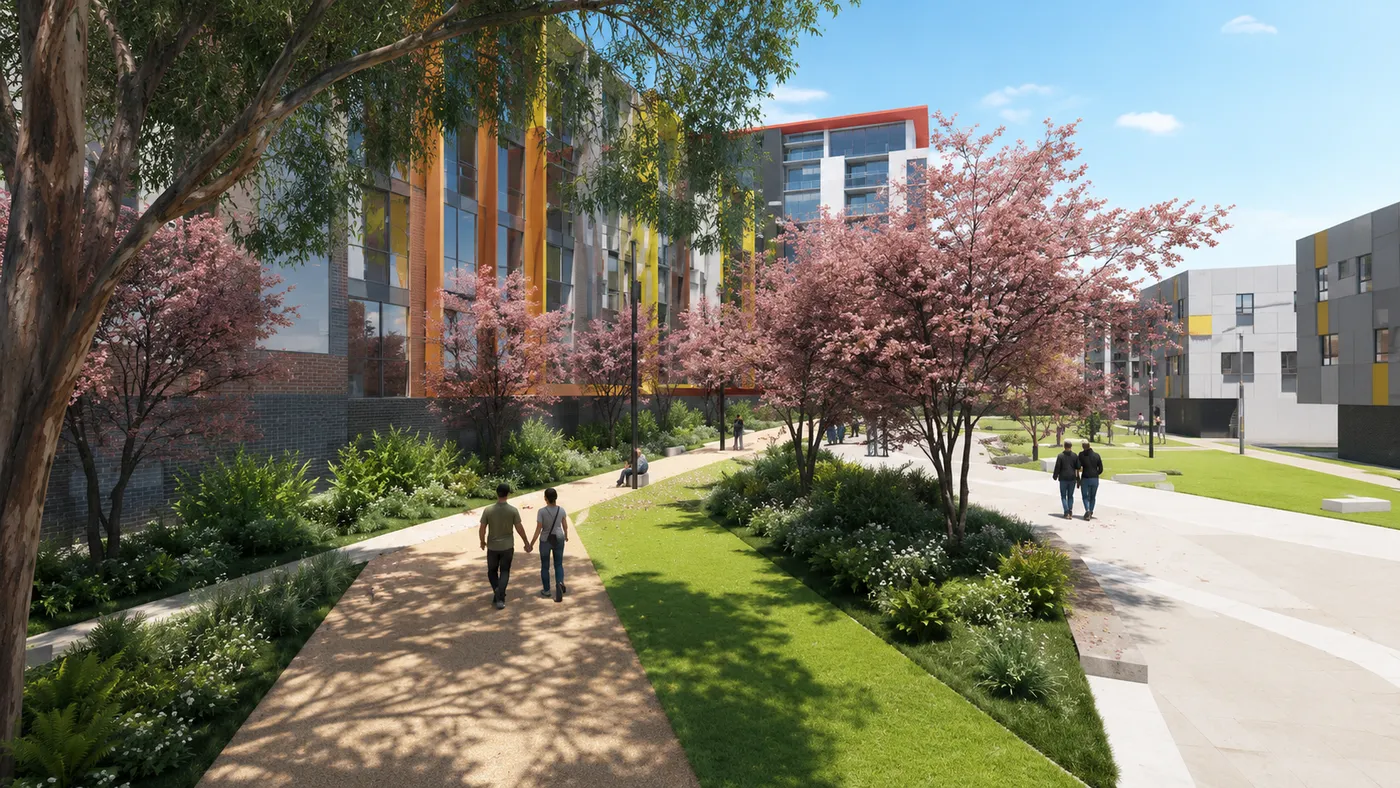 Concept visualization of a tree-lined park promenade beside completed housing